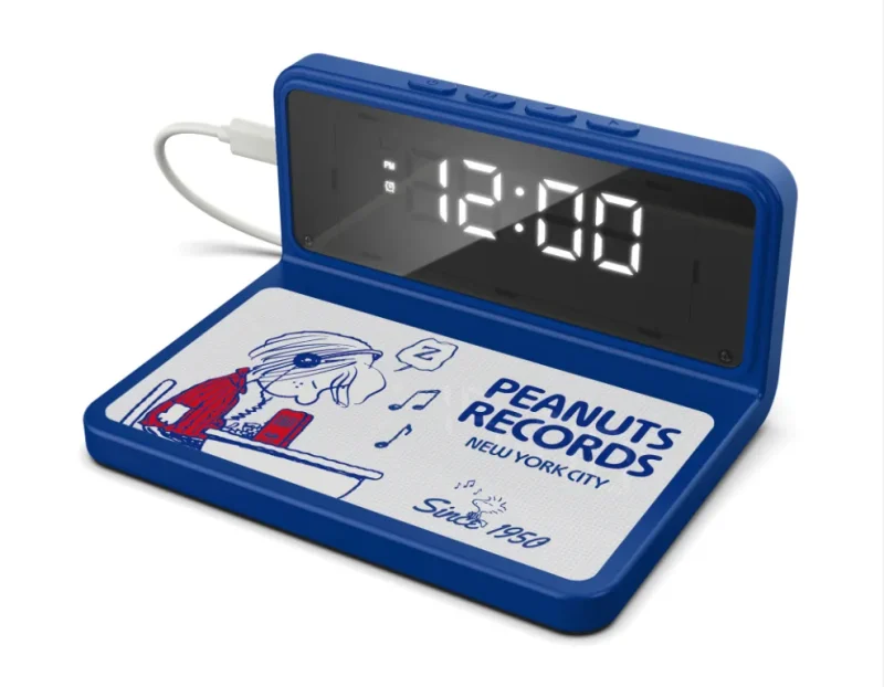 blue peanuts alarm clock with wireless charging