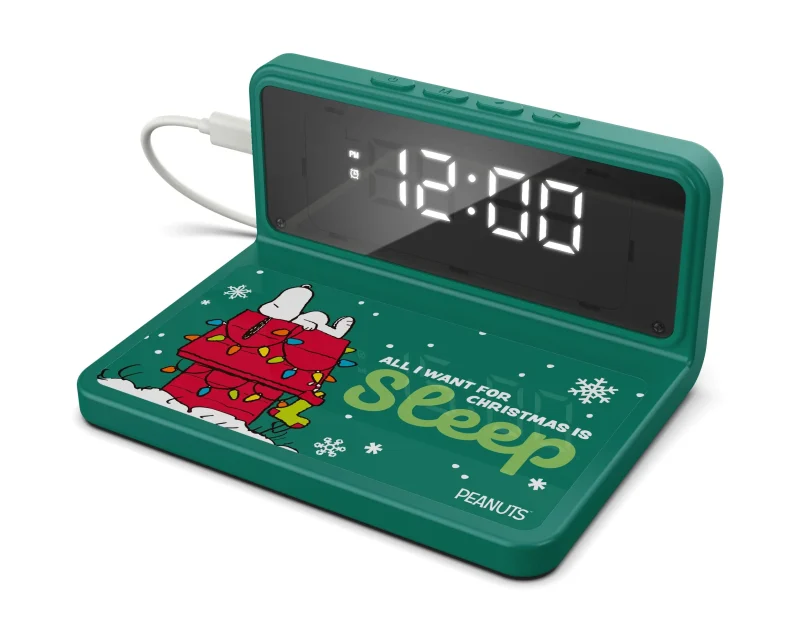 green alarm clock with wireless charger peanuts christmas special