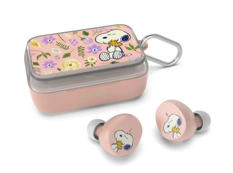 pink floral true wireless earbuds peanuts in bloom