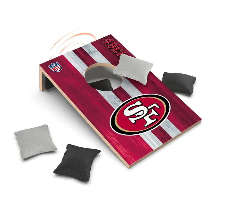 san francisco 49ers cornhole set with bluetooth speaker scaled